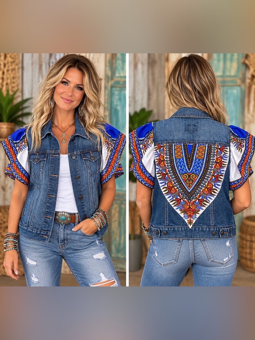 Blue Denim Vest with Bold Multi-Print Panel - Women
